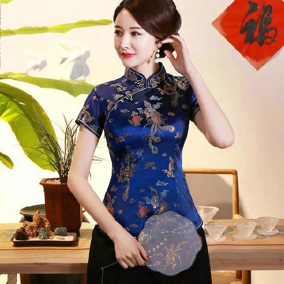 Plus Size Chinese Style Female Shirt Retro Mandarin Collar Brocade Oriental Clothing Spring Summer Classic Blouse Women Chinese Shirt