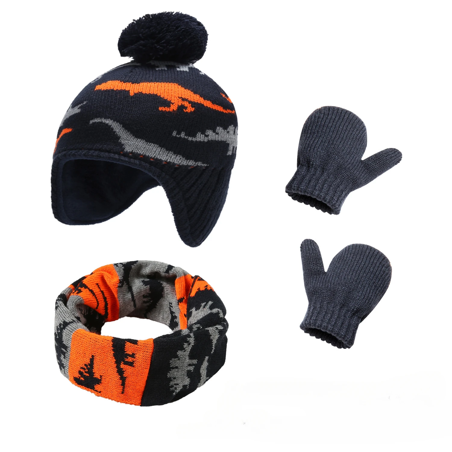 Popular Autumn and Winter Cartoon Cute Dinosaur Hat Bag Cover Children's Knitted Hat Gloves Scarf 3-piece Set