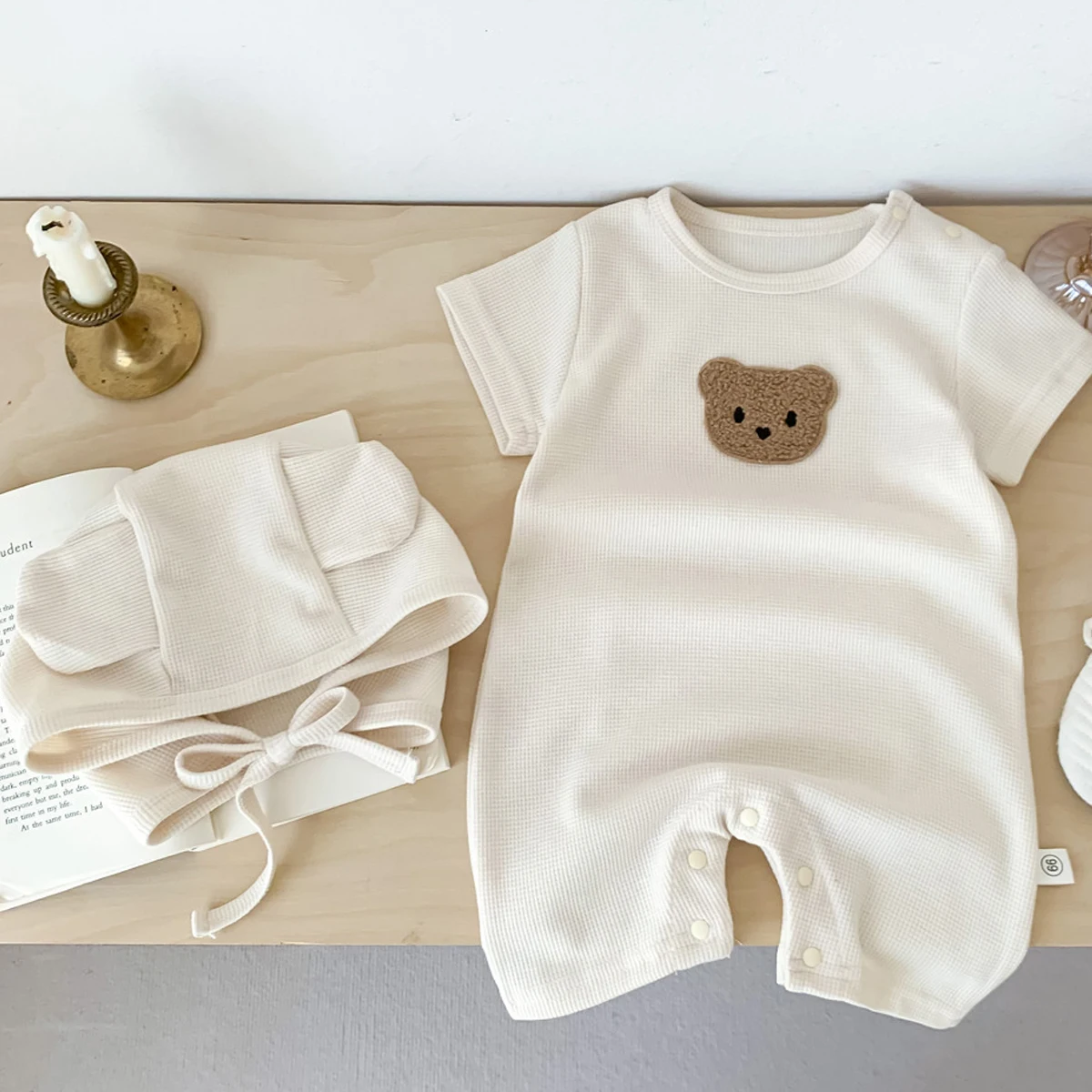 

Children Romper with Hat Boy Girl Short Sleeve Bunting One-Piece Baby Summer Casual Jumpsuit Kid Korean White Brown Onesie 0-24M
