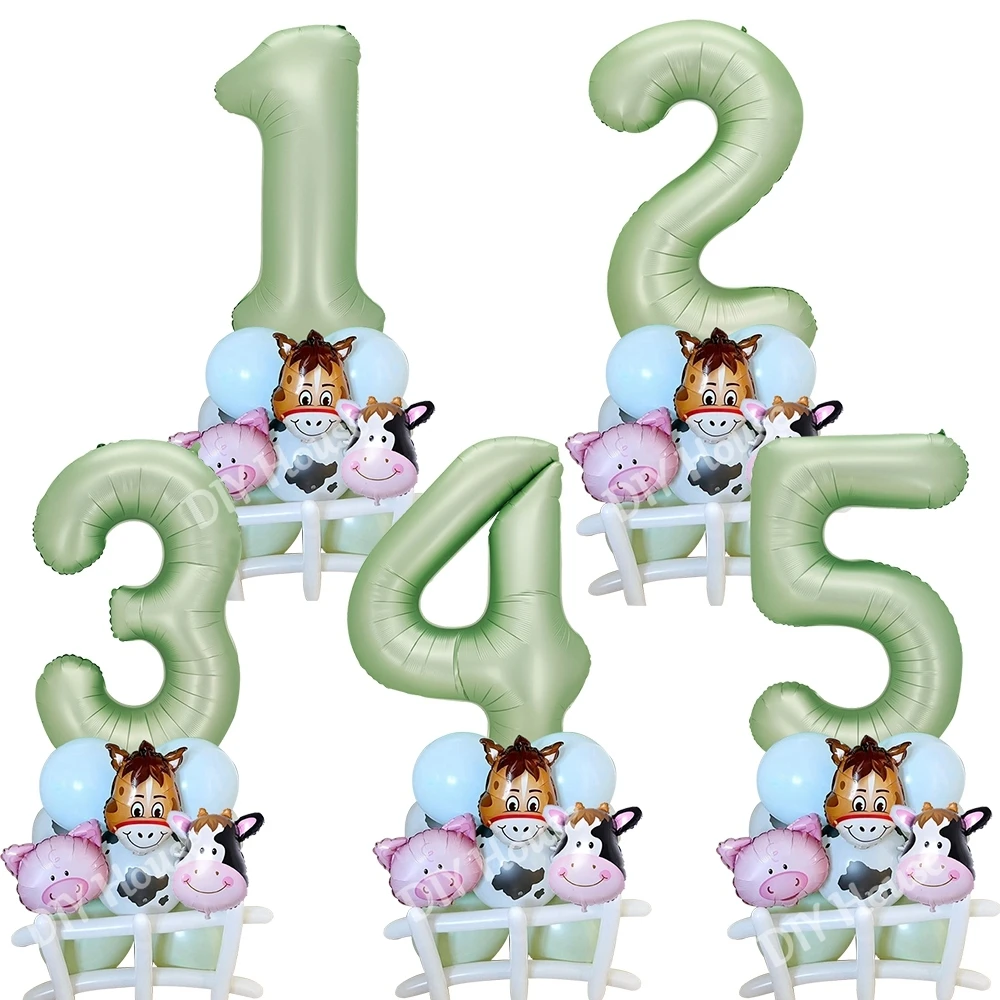 

23pcs Farm Animal Balloons Carton Cow/Pig Balloon Tower with Green Number Balloon for Kids Farm Animal Birthday Party Decoration