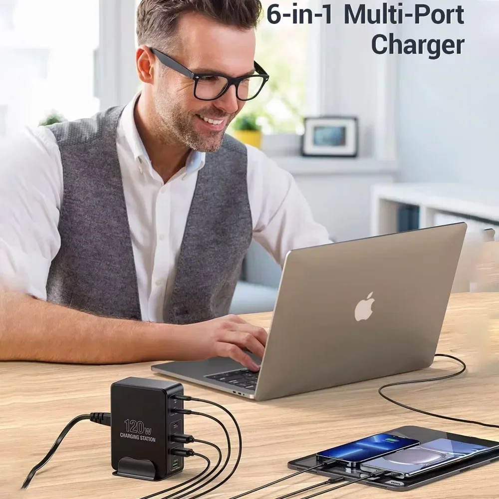 Gan 120W Charger Station 6-Port Charge 3C+3A QC3.0 PPS PD 65W For iPhone Samsung Xiaomi Smartphone Laptop Desktop Fast Charging