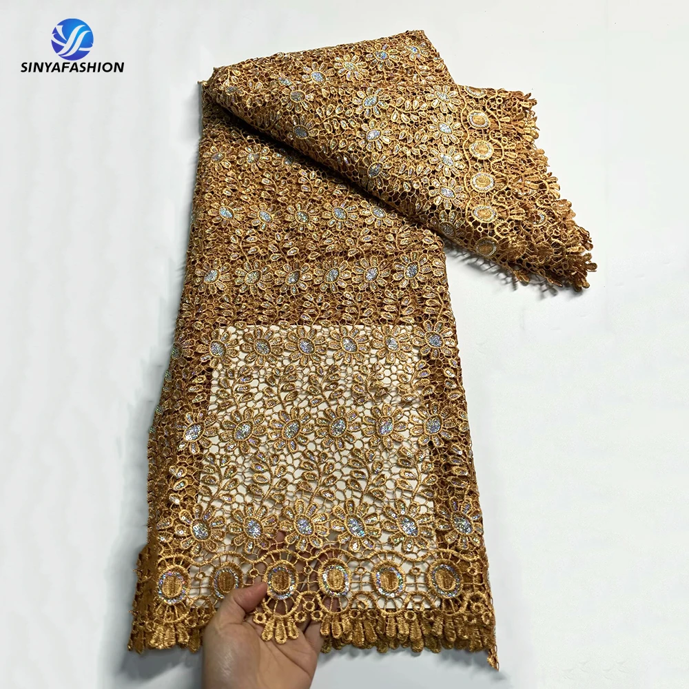 

Sinya African Lace Fabric High Quality 5 Yards Guipure Lace Fabric Embroidery Cord Sequins Wedding Bridal Lace For Women Dress