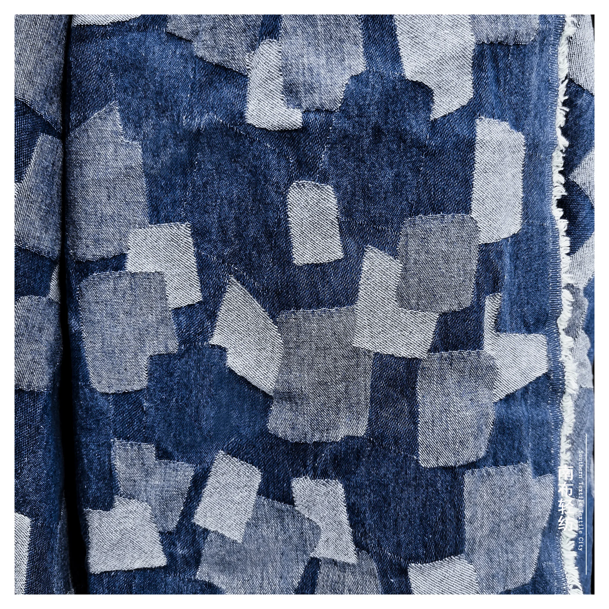 Dark Blue Patch Plaid Denim Double-Sided Irregular Handmade Diy Coat Skirt Designer Fabric