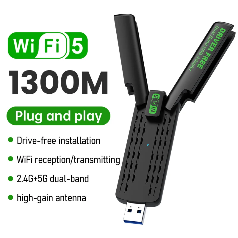 USB WiFi 어댑터 1300Mbps 듀얼 밴드 2.4G 5.8Ghz PC용 무선 네트워크 카드 수신기