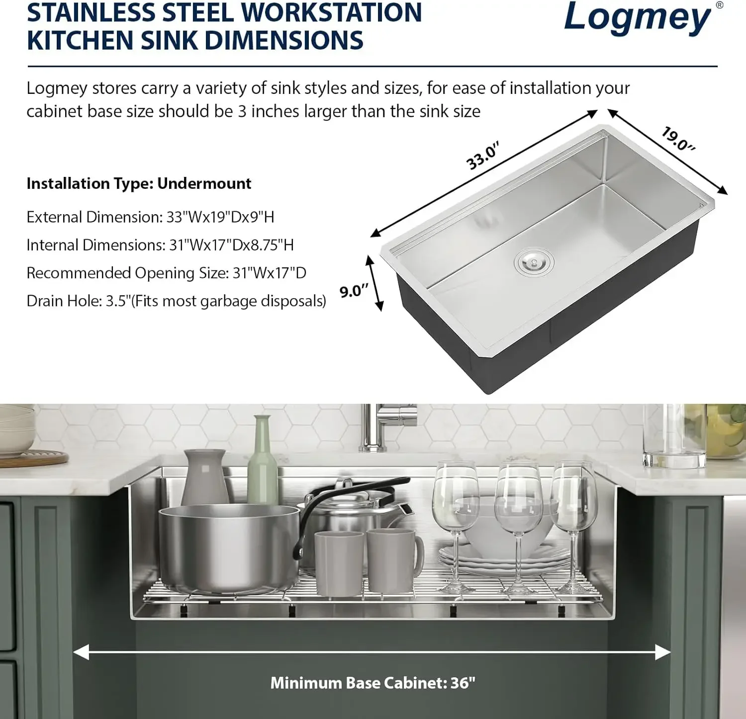 Logmey 33 Inch Undermount Kitchen Sink - 33x19 In Workstation Kitchen Sink Ledge Deep Single Bowl 16 Gauge Stainless Steel Under 5