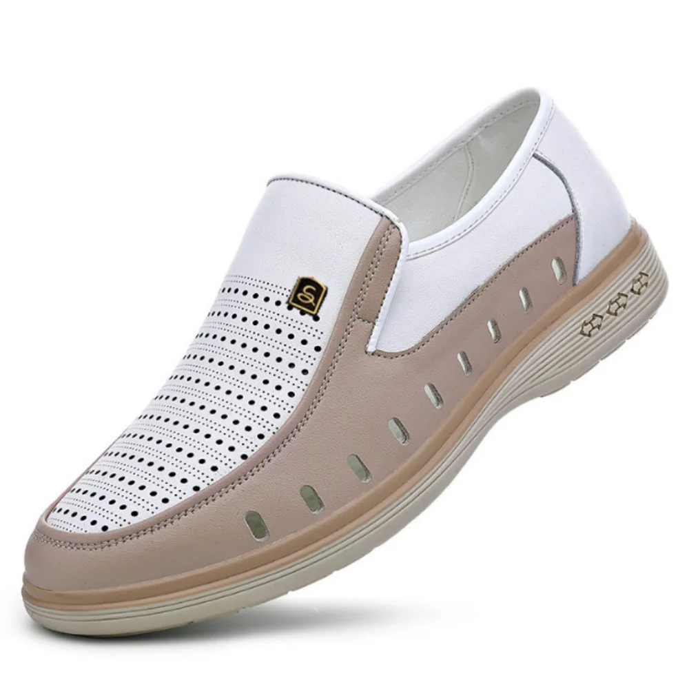 

White Leather Shoes for Men Soft Soled Commercial Light Colored Perforated Shoes Male Spring Summer Autumn New Designer Shoe
