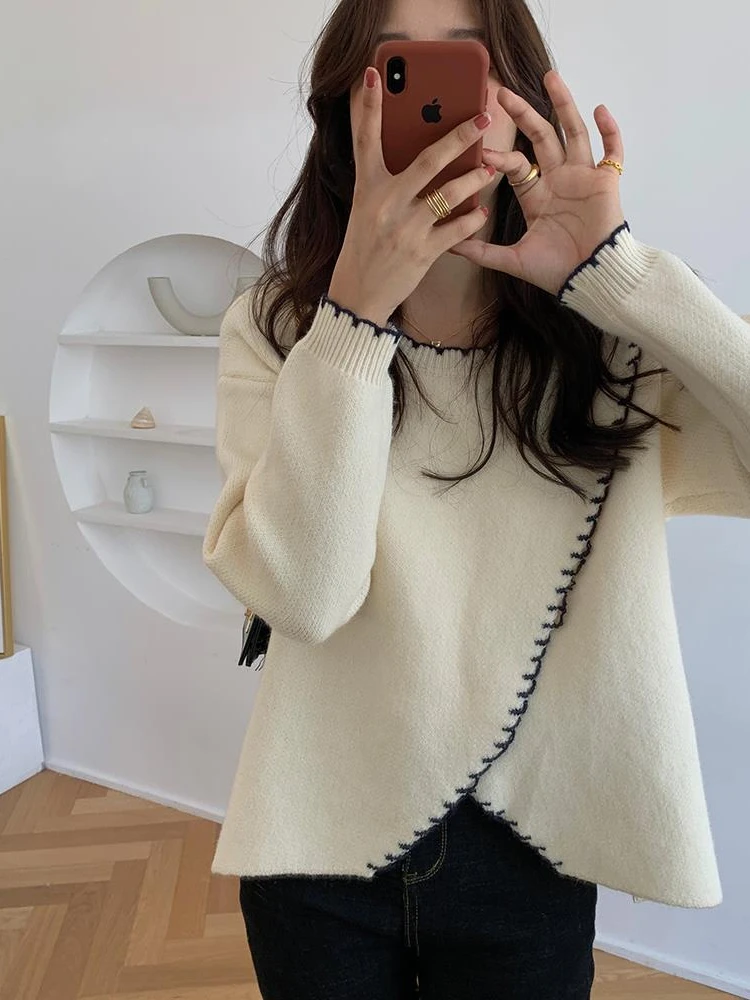 

Real Shot Vintage French Elegant Air Side Split Knitting Loose Medium Long Thick Warm Sweater for Women In Stock Clothes