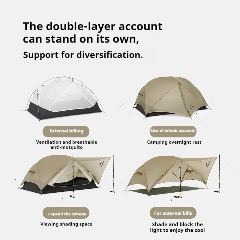 Naturehike Mongar UL Tent (2025 Upgrade) - 1.5kg Ultralight 1/2 Person Backpacking Tent, 4 Usage Modes, Waterproof, Easy Setup With Front Porch-251048