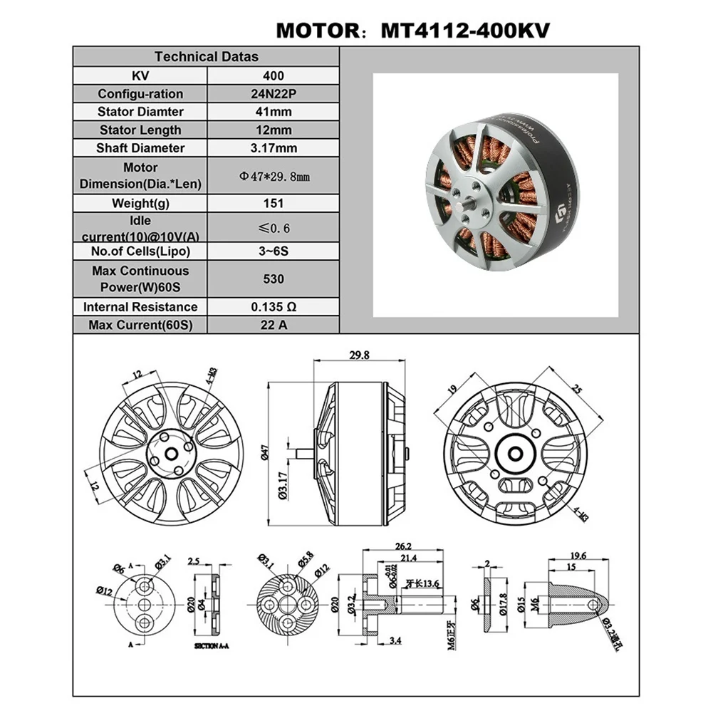 TA-MT4112 400KV 브러시리스 DC 모터 고출력 다축 모터 고속 장거리 RC FPV 드론용