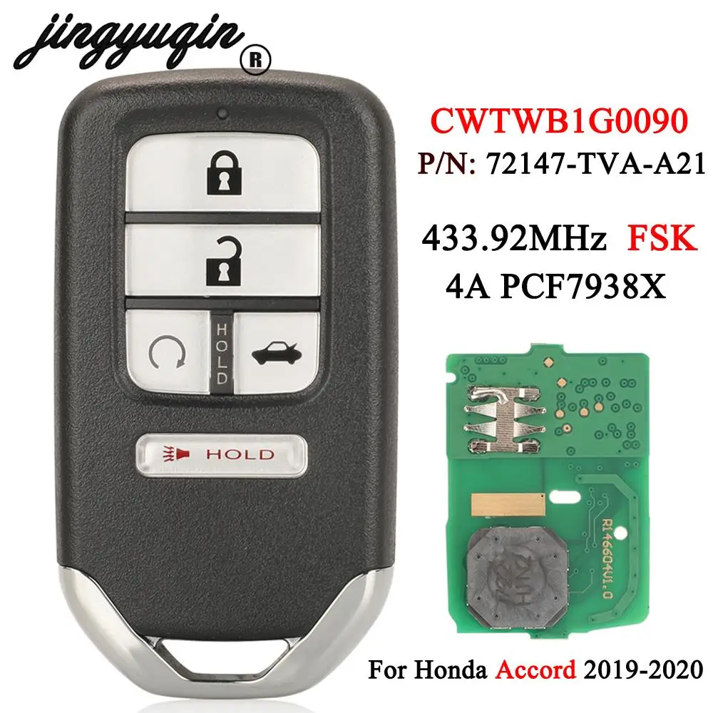 

jingyuqin CWTWB1G0090 Remote Smart Card Key 4A Chip 433.92MHz FSK For Honda Accord 2018 2019 2020 Keyless Go 72147-TVA-A21