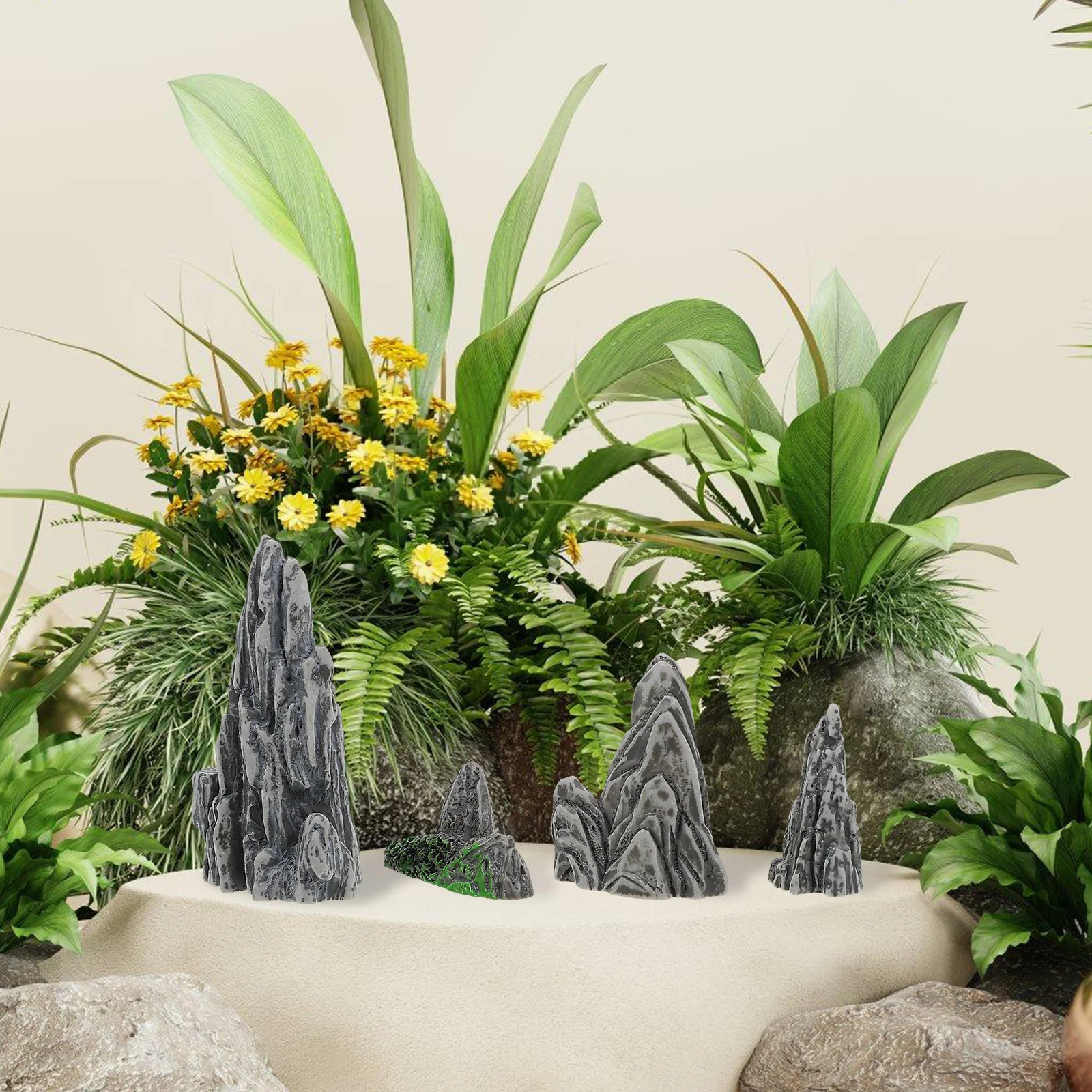 Artificial Mountain Rocks Fake Garden Stones Rockery Miniature Landscape Ornament Resin Simulation Decor Models Figurine 4 Pcs