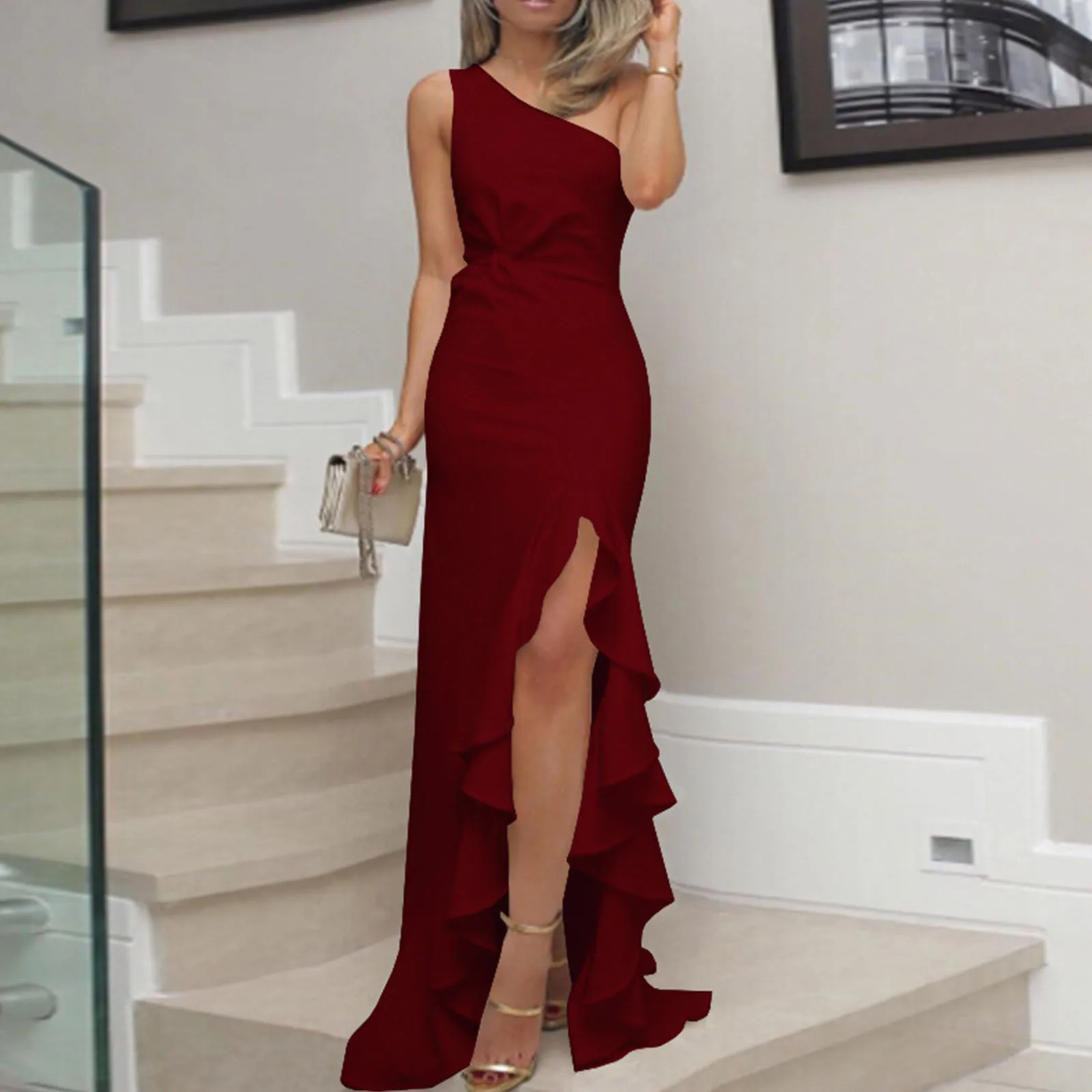 

Women's Fashion Solid Colours Long Dress Vintage Hem High Split Ruffle Evening Dresses Temperament One Slant Shoulder Dress