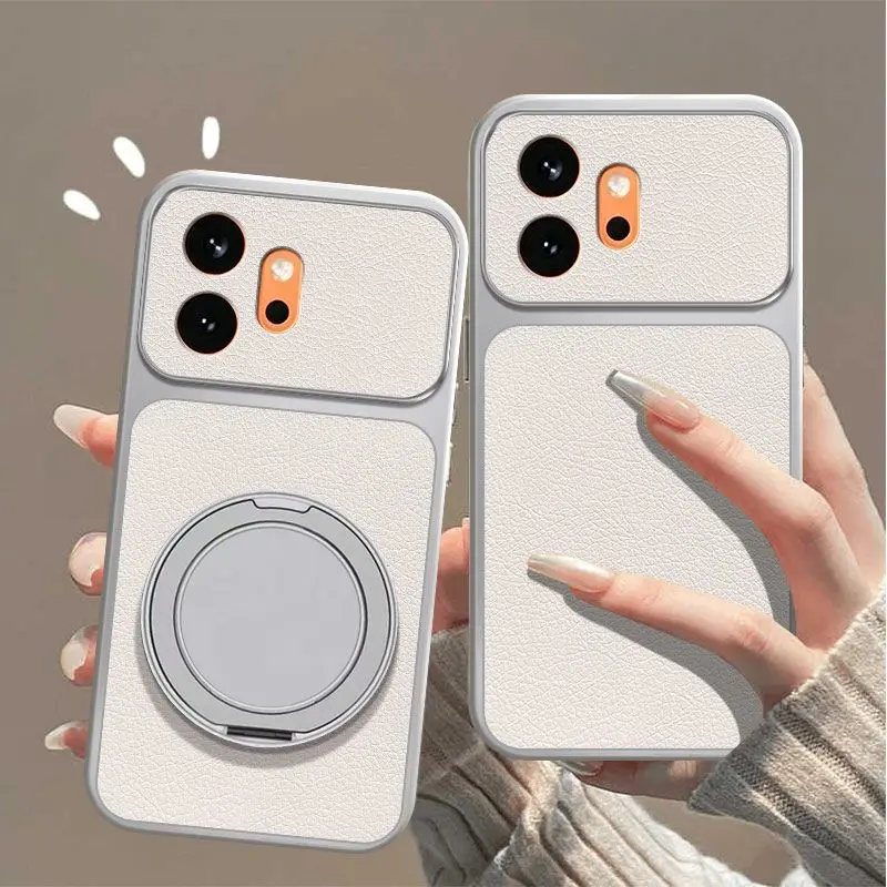 Premium Lychee Texture Leather Case with Ring Stand Holder and Camera Lens Protection
