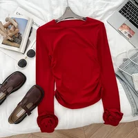 Ele  Color Long Sve round Ne T-irt Women's Autumn Floral Emed Slim Fit Base Layer Top Commute Sle