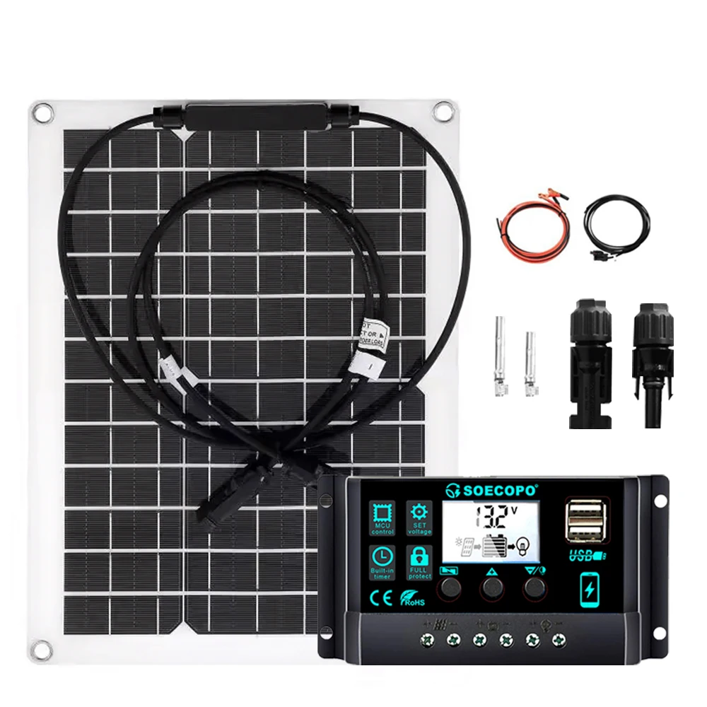 Panneau solaire flexible + kit de contrôleur intelligent, puissance à haute efficacité, étanche pour camping-car/bateau/hors réseau, certifie CE et RoHS