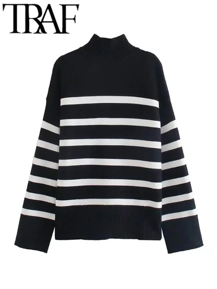 TRAF – Pull tricoté à rayures pour femme, haut à manches longues, col roulé, Chic, à la mode, 2022