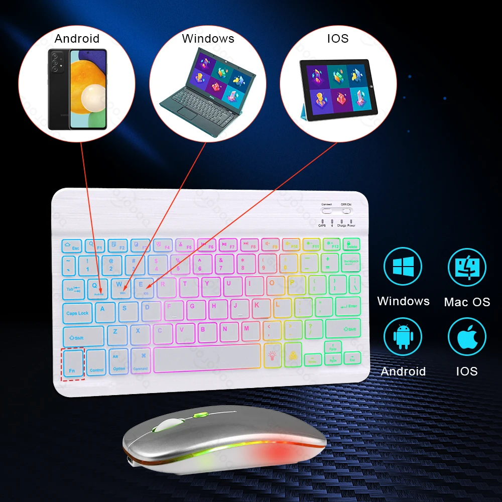 iPad 전화 태블릿 용 충전식 블루투스 무선 레인보우 백라이트 키보드 IOS 안드로이드 Windows 용 러시아어 스페인어 레이아웃