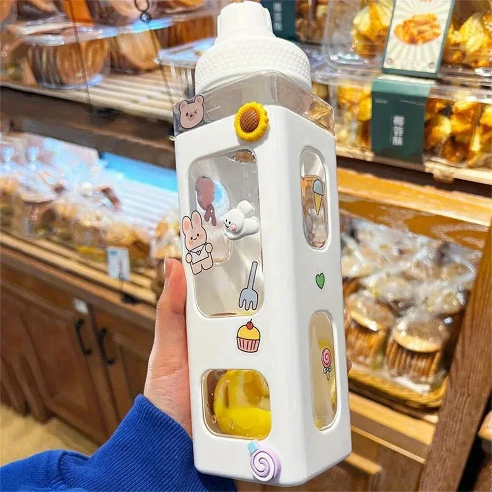 BPA 프리 플라스틱 사각 물컵 휴대용 음료 용기, 귀여운 3D 스티커, 빨대 및 DIY, 1 개, 캠핑 12