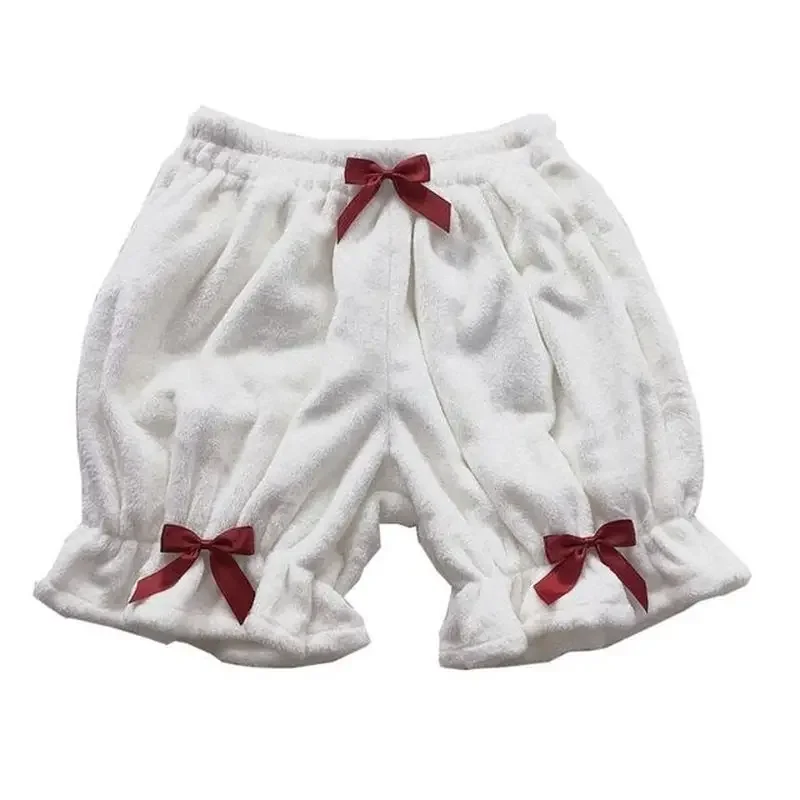 

Cute Lolita Girls Warm Velvet Winter Shorts Sweet High Waist Lace Women's Plush Shorts Summer Kawaii Bloomers Shorts Pink White