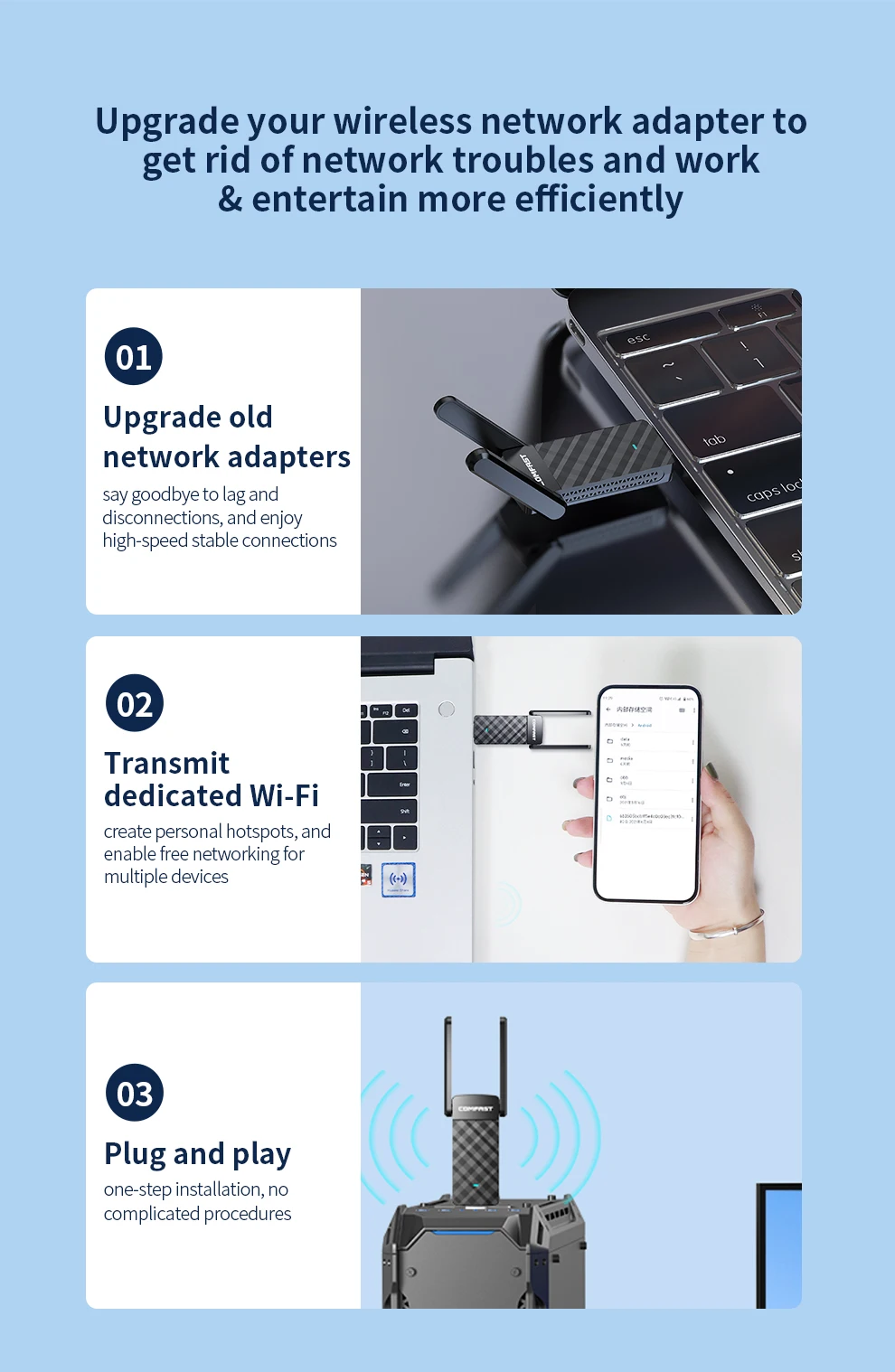 COMFAST CF-943F V2 WiFi6 USB 어댑터 AX900 듀얼 밴드 2.4G/5G 드라이버가 필요 없는 무선 네트워크 카드 (윈도우 7/10/11 데스크탑/노트북용)