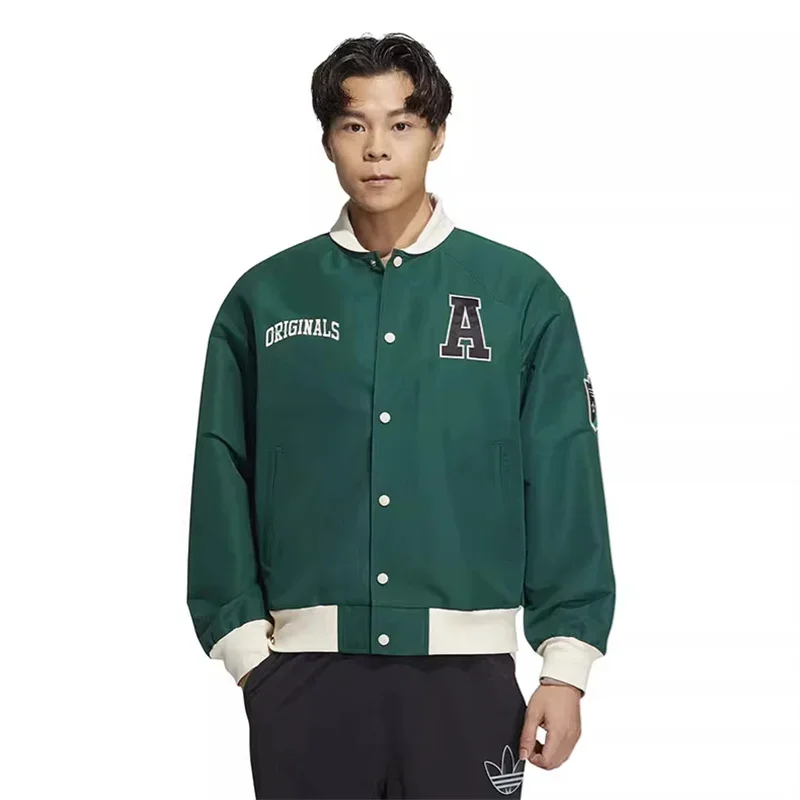 Adidas Jacket Men Baseball Jersey, Stand Up Collar Jacket, Plain Weave Polyester Sand, Black Green Smooth Windproof