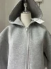 Autumn Winter Warm Long Gray Bomber Jacket With Hood Long Sleeve Big Pocket Zipper Jacket Coat Women Casual Outerwear Coat Tops 5