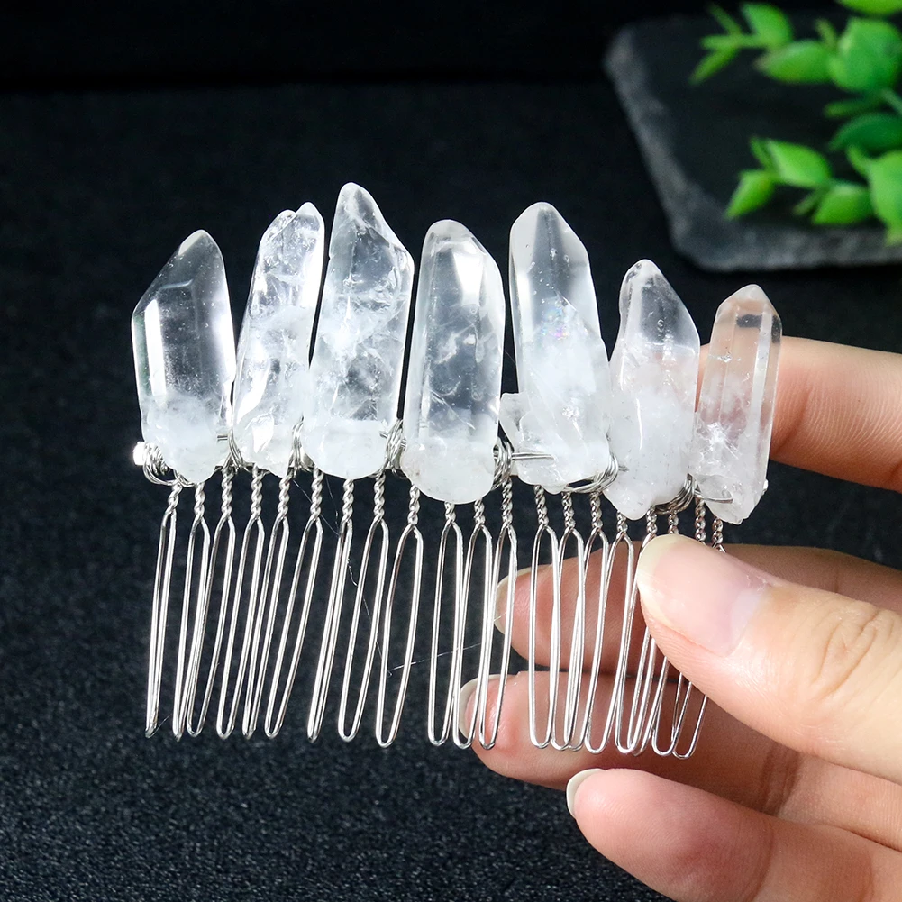 1PC Natural Quartz Crystal Hair Combs Hairclip Tiara Pin Raw Stone