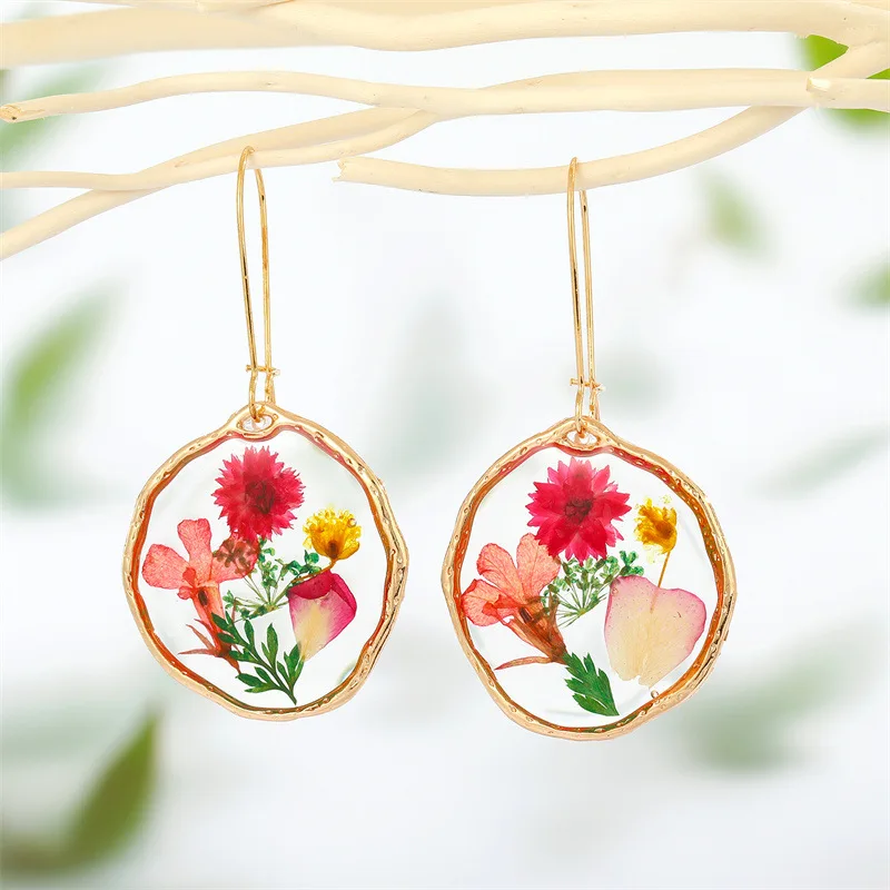 Natural Flower Dangle Earrings Women Colorful Dried Flower Earring Creative Epoxy Resin Pressed Flower Earring Jewelry Wholesale