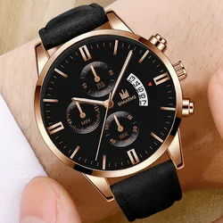 Men Watch Fake Three Eyes Business Calendar Fashion Sport Wrist Alloy Case Leather Band Business  Calendar Quartz WristWatch