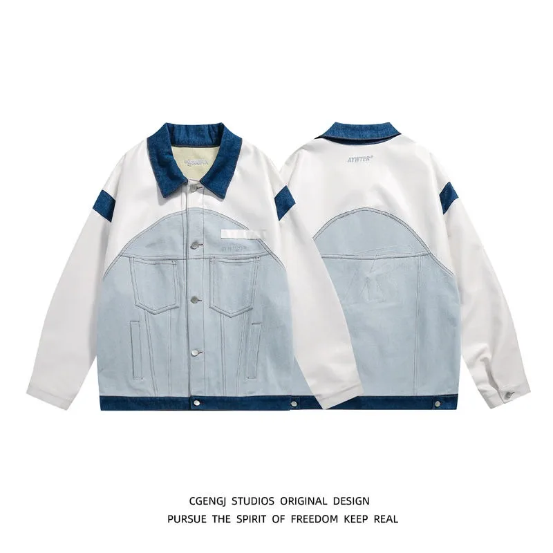 Denim Coat Stitching Fashion Brand Loose Couple Jacket korean fashion  Windproof jacket for men  veste de baseball homme