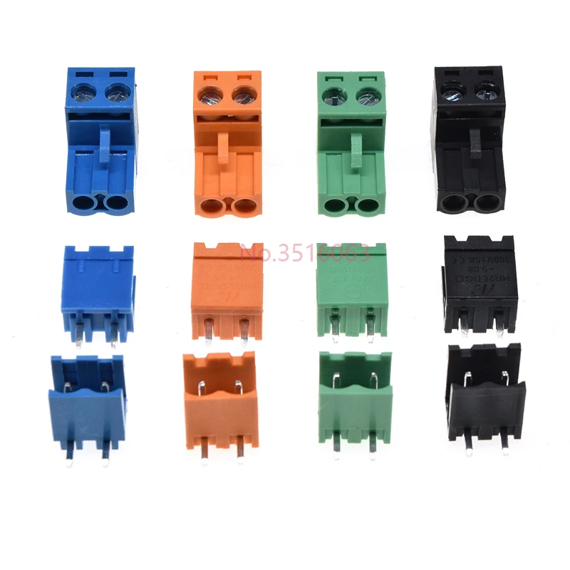 2edg 5.08mm Straight/Curved Needle Pin Pluggable Screw Terminal Block Connector Plug+Socket Green/Black/Blue/Orange 2/3/4/5/6/8P