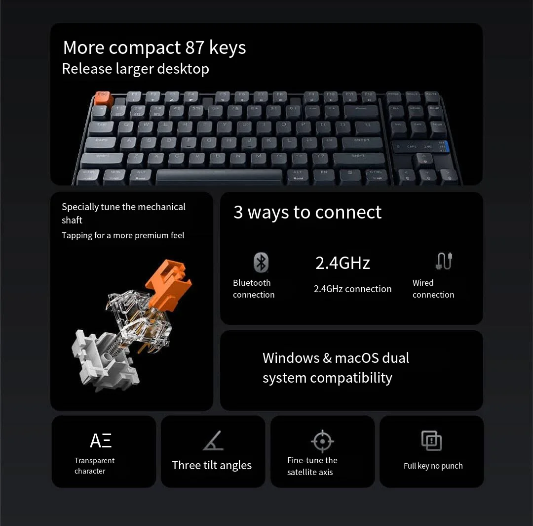 Teclado Mecânico sem Fio Xiaomi-mijia Tkl Bluetooth com Fio 2.4ghz 87 Key 3-mode para Jogos Escritório Suporta Windows e Macos - Imagem 5