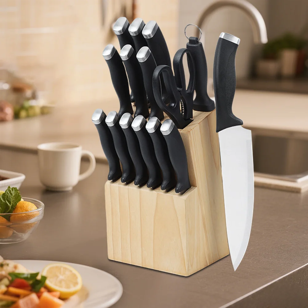 DFITO Professionelles 16-teiliges Küchenmesser-Set aus 3CR13 Edelstahl mit Schwarzem PP-Griff und Holzblock für Restaurant, Zuhause, Geschenkbox – Detail 6