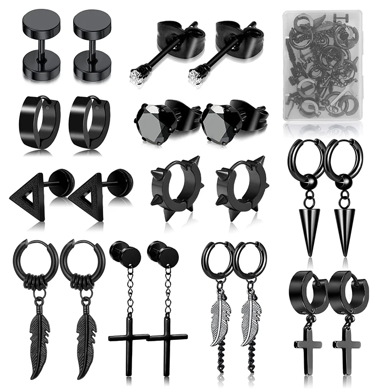 1 /11 Pairs Punk Stainless Steel Stud Earrings Black Earrings Set For Men Women Vintage Hip Hop Piercing Ear Jewelry Accessories 1
