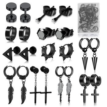 1 /11 Pairs Punk Stainless Steel Stud Earrings Black Earrings Set For Men Women Vintage Hip Hop Piercing Ear Jewelry Accessories 1