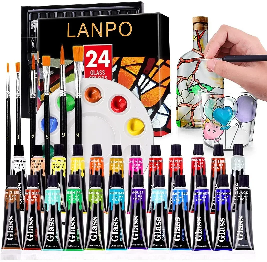 

With 12 1 Acrylic Glass Stain Brushes, For Colors Kids 24 Paint Kit Enamel Waterproof Painting 6 Palette, Set Nylon