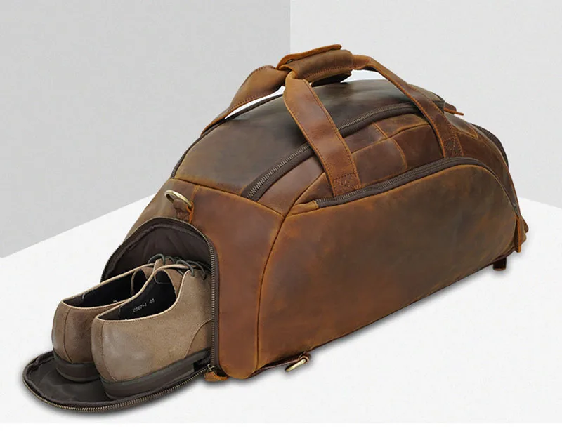 Crazy Horse Leather Travel Handbag Backpack Bag Travel Totes Overnight Duffle Bags Mens Hand Luggage Duffle Bags Backpacks Men