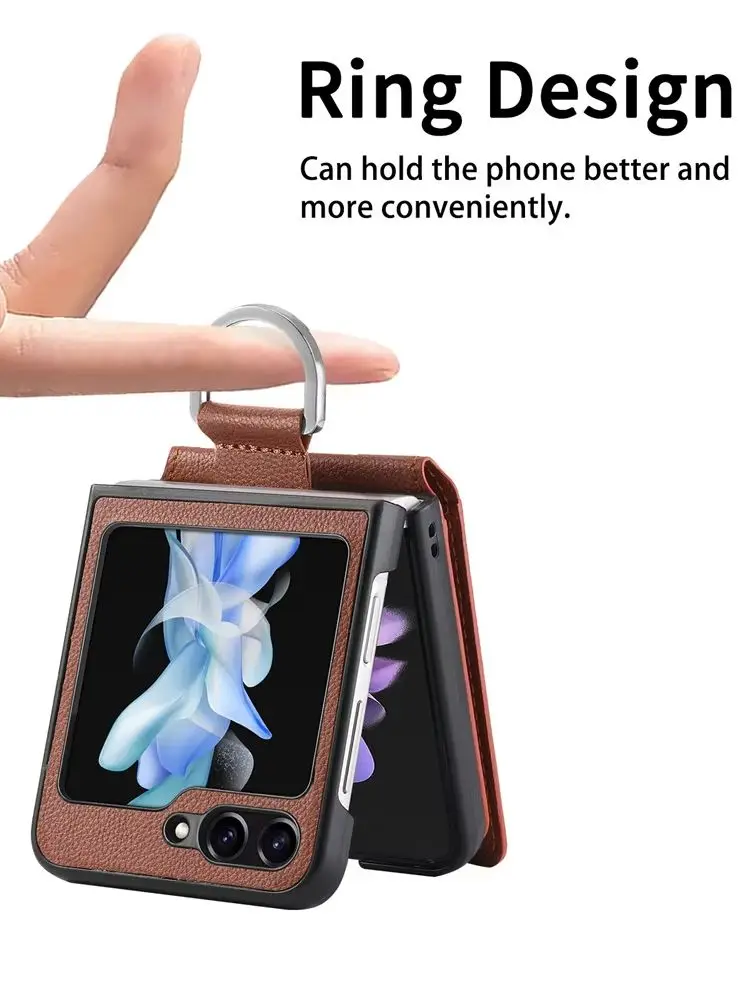 Lychee Pattern Leather Wallet Case with Card Holder and Finger Ring - Soft Protective Cover