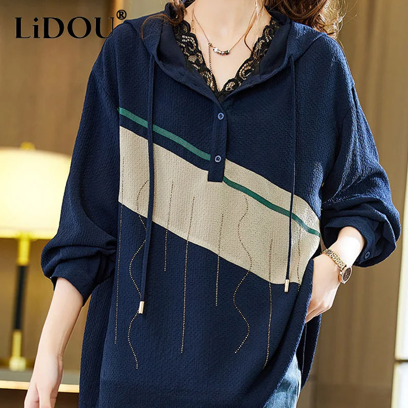 2023 Spring Autumn New V-neck Hooded Long Sleeve Sweatshirts Women Fashion Printing Button Drawstring All-match Pullovers