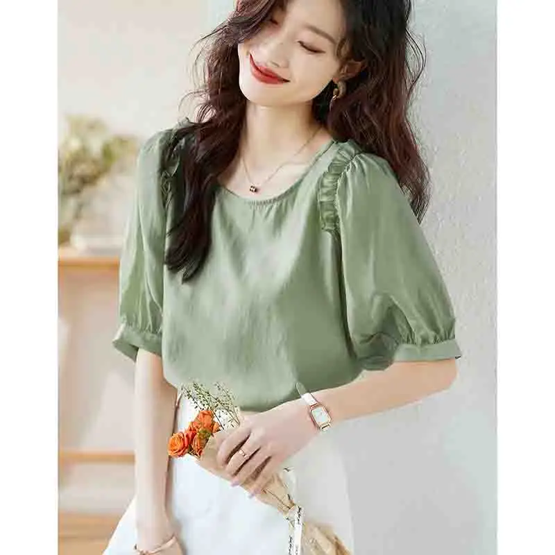 

Thin Style Delicate Women Design Texture Pullover Round Neck Shirt 2024 Female New Shoulder Small Lotus Leaf Edge Chiffon Blouse