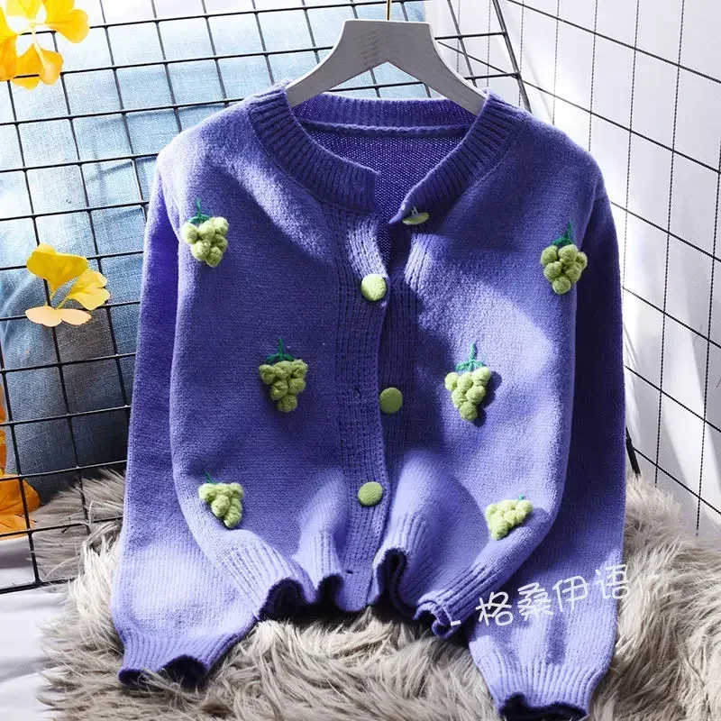 DAYIFUN 여성용 스위트 O넥 니트 가디건, 일본 카와이 3D 자수 짧은 스웨터, 레이디 루즈 용수철 겉옷 상의, 신상