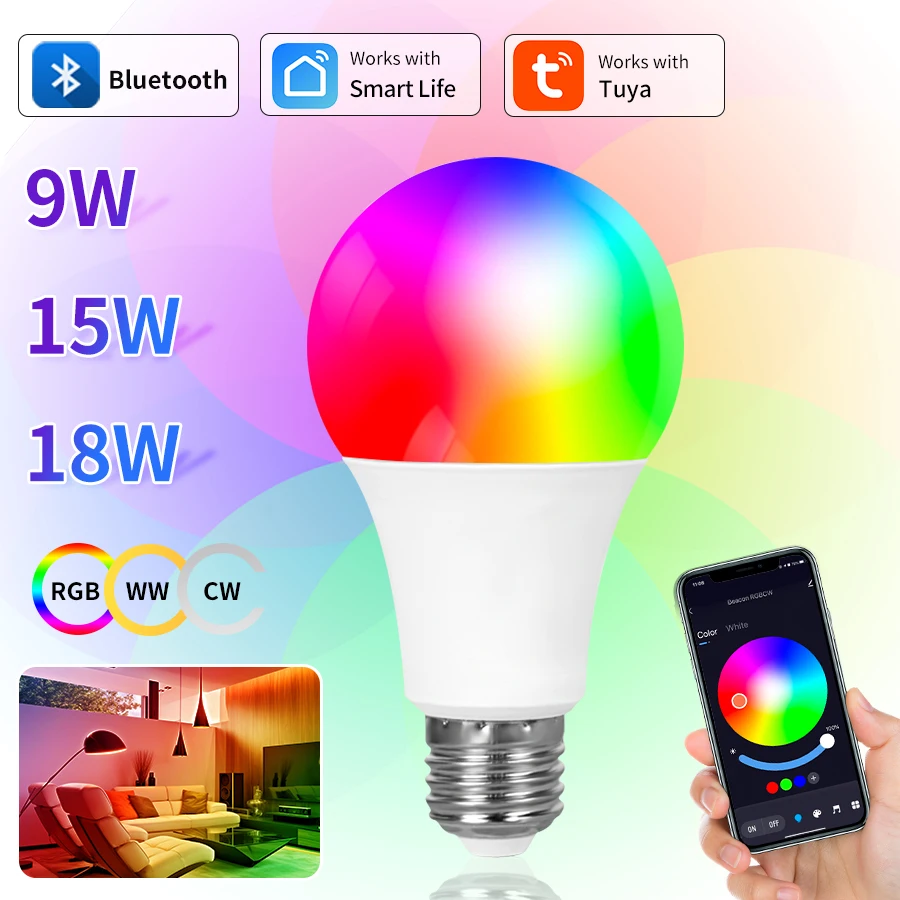 Smart Tuya Bluetooth RGBCW Light Bulbs LED Bulb E27 Phone APP Control 220V-240V Colorful LED Lamp Party Bedroom Ambient Lights