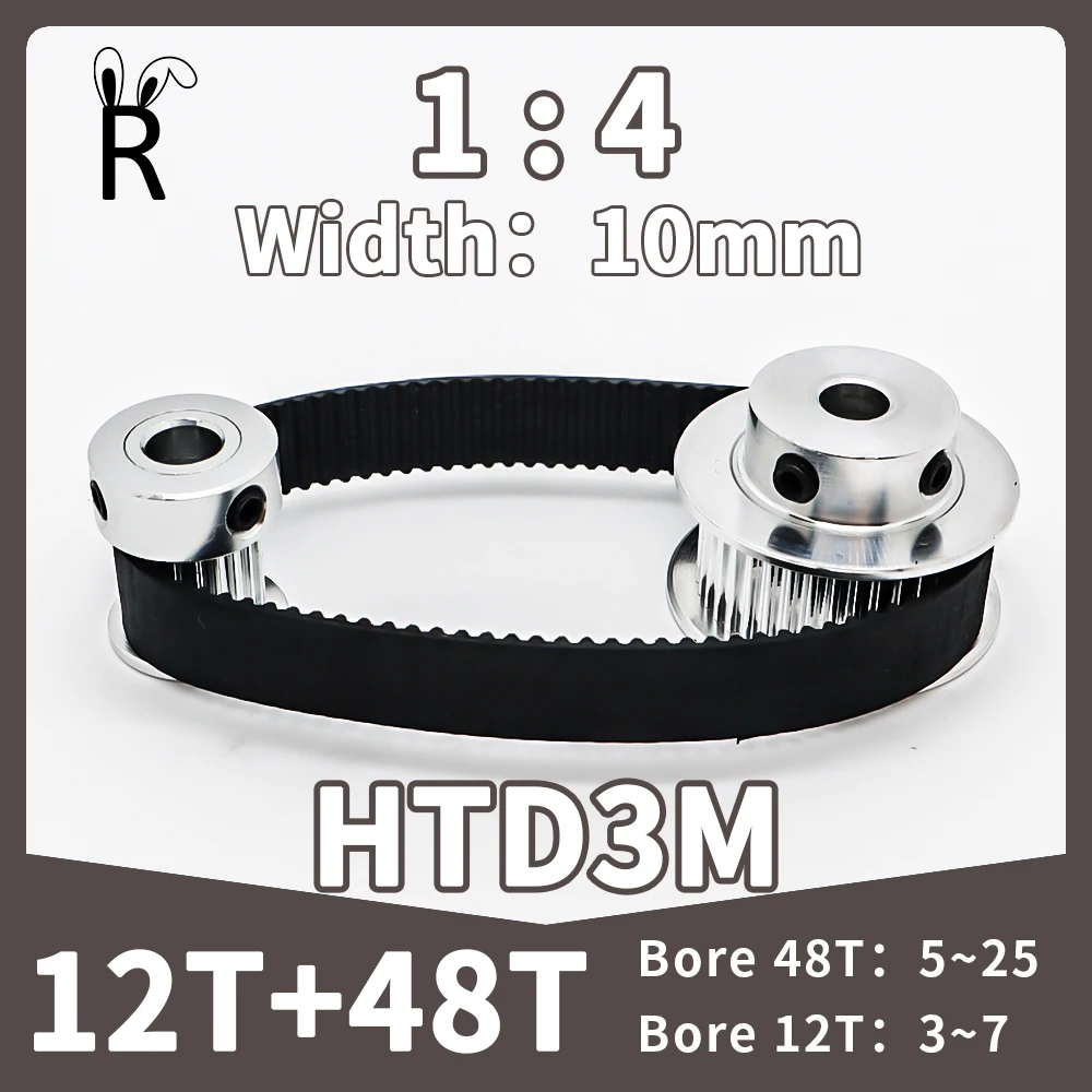 

12T 48Teeth HTD 3M Timing Pulley Belt Set Belt Width 10mm Bore 3~25mm Reduction 1:4 Deceleration 3M Pulley Kit Synchronous Wheel