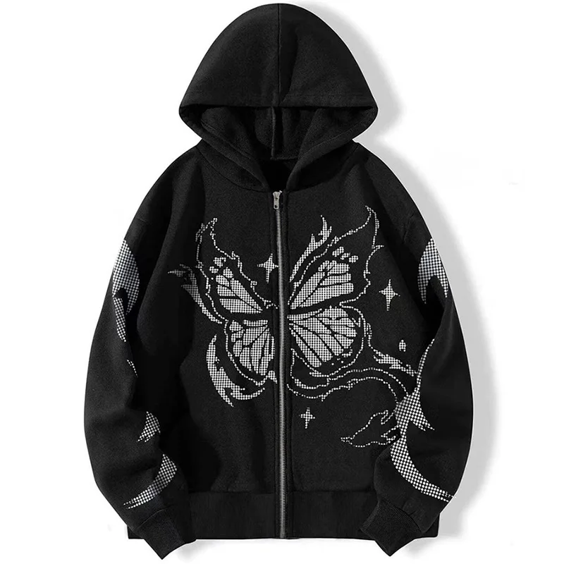 

Harajuku New Y2k High Count Matrix Butterfly Print Casual Loose Zipper Hoodie Fashion Tide Sweatshirt Hoodie Men Cardigan Coat