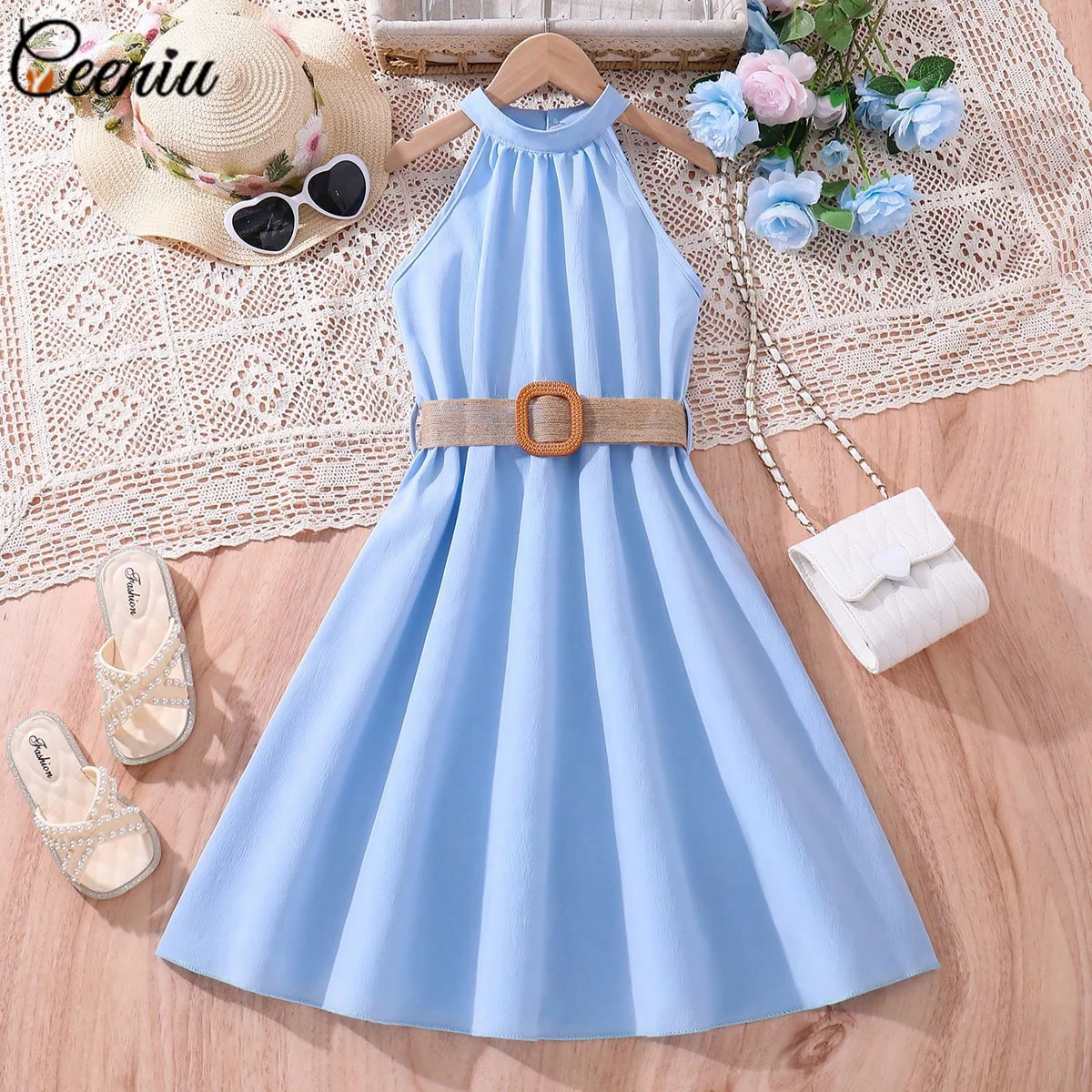 Ceeniu Girls' Sleeveless Halter Party Dress with Belt