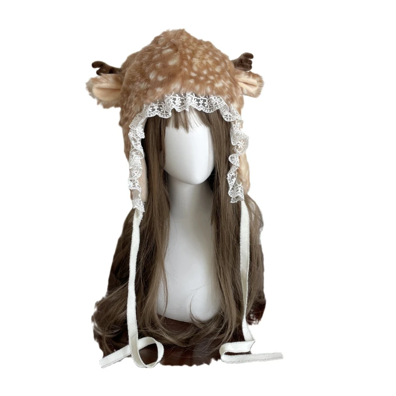 Winter Hat Kawaii Lace Winter Hat Faux Fur Plush Reindeer Furry Boots Socks Cover Gothic Cap Leg Warmers Performance Costume Bomber Hats fur hat winter hat