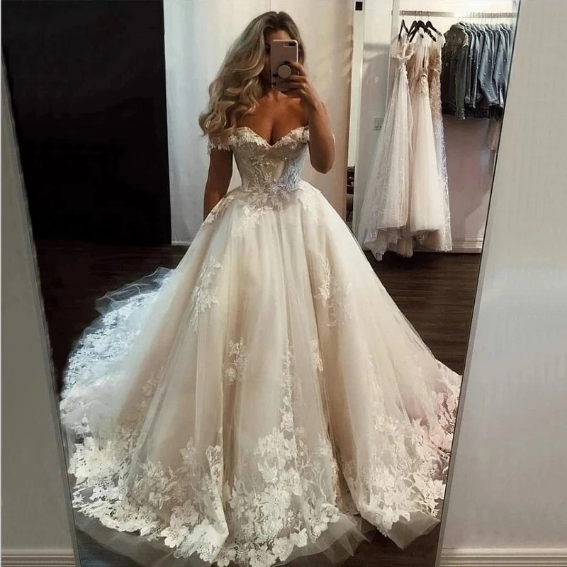 

IRIDESCENT Ball Gown Off-Shoulder Wedding Dress Vestido De Noiva Fashion Lace Up Tulle Dubai African Formal Bride Dresses HOT