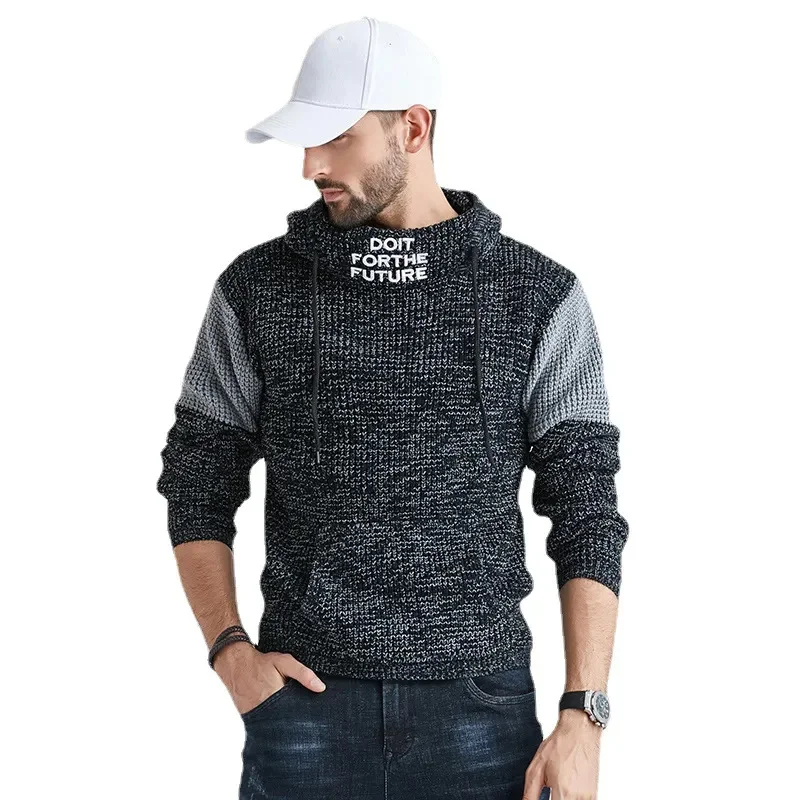 

Latest Autumn Winter Hooded Sweaters Paneled Sleeve Knitted Sweater Outdoor Casual Sweatshirt Luxury Brand Men's Clothing
