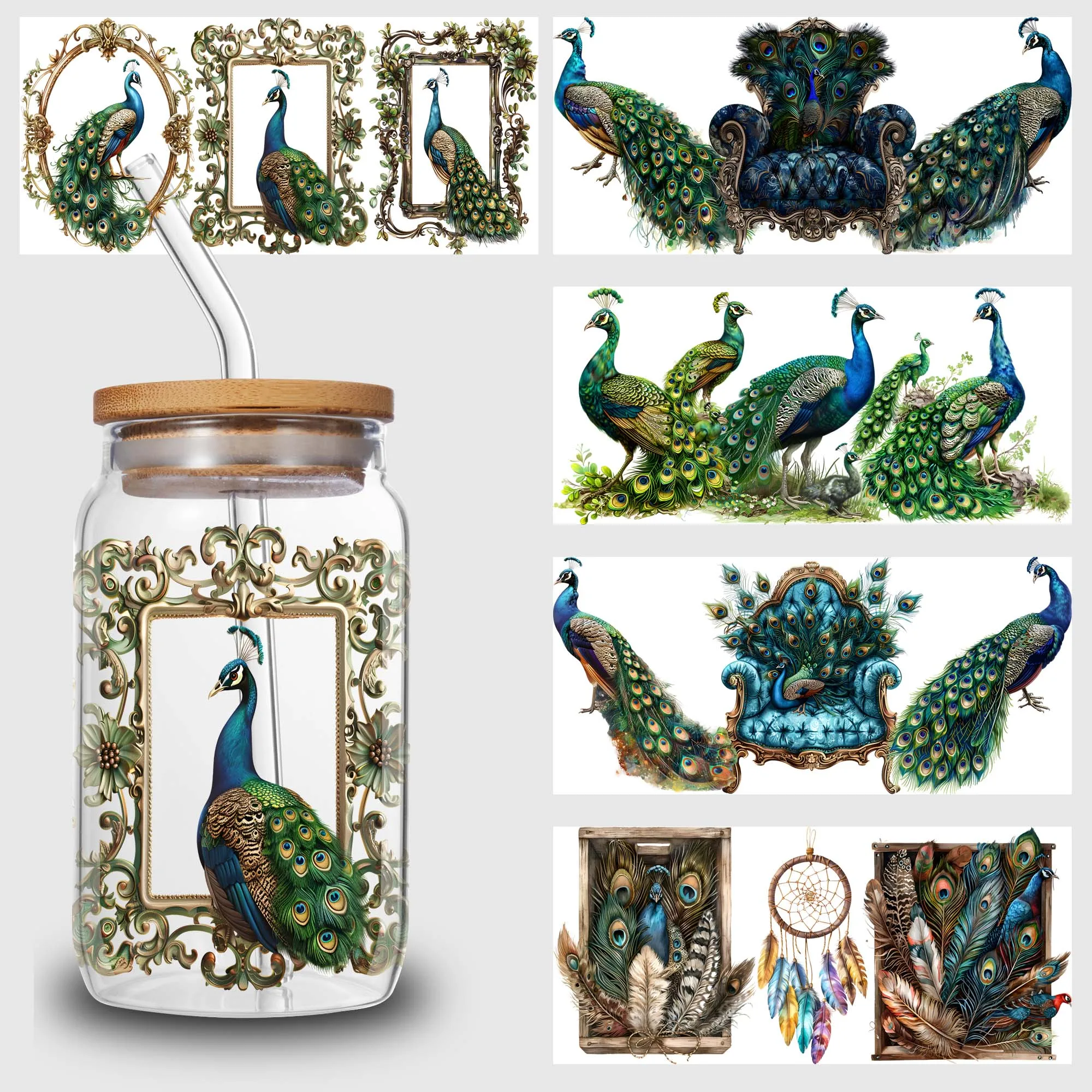 5 sheets Peacock UV DTF Cup Holder 16 oz, Beautiful Peacock DTF Cup Holder Transfer Glass, Water Bottle Waterproof Sticker