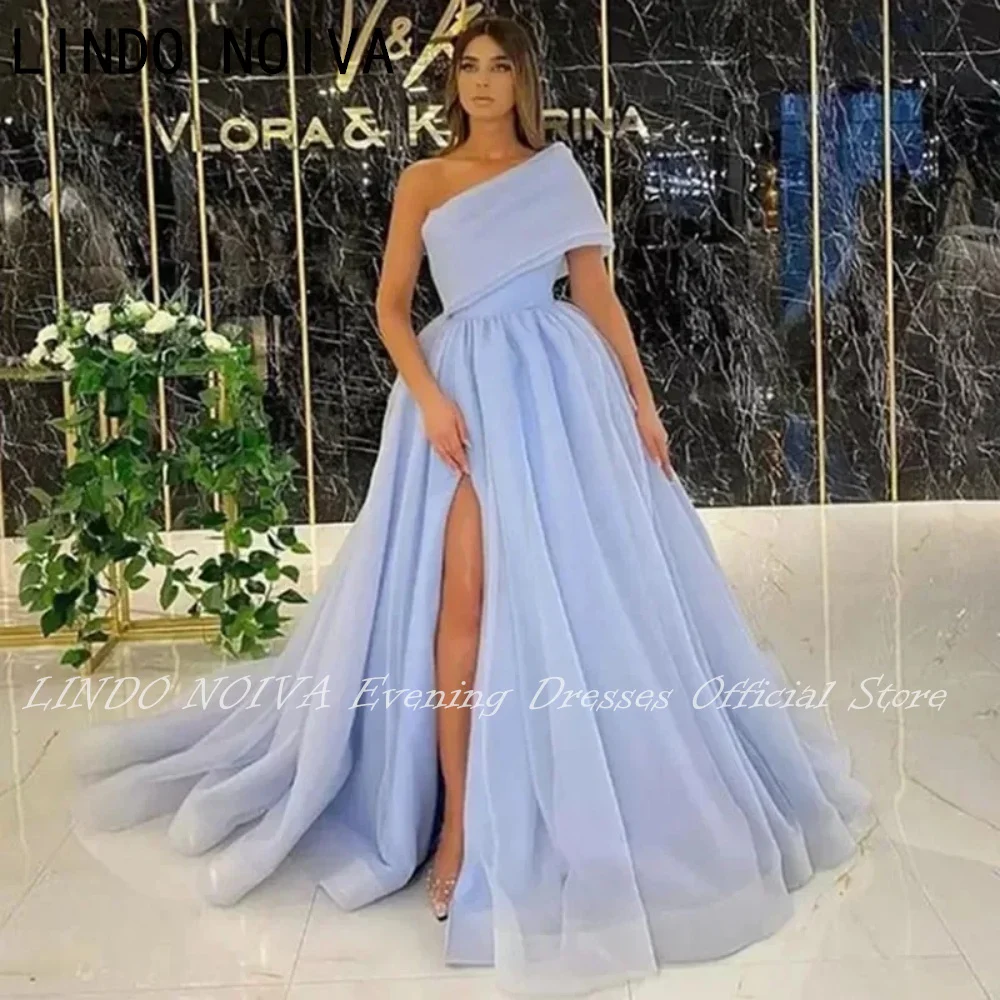 

Sky Blue Organza Formal Evening Dresses One Shoulder Sexy Side Split Puff Tulle Long Party Dress A Line Prom Formal Dresses 2024